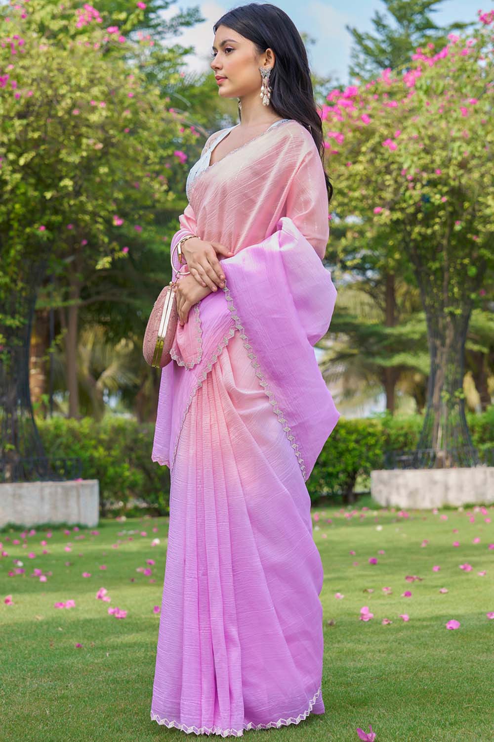 Pink Silk Blend Ombre One Minute Saree – Ready to Wear