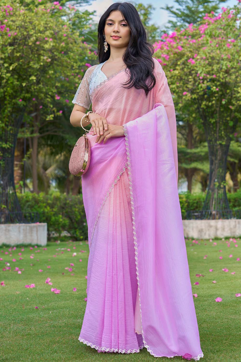 Pink Silk Blend Ombre One Minute Saree – Ready to Wear