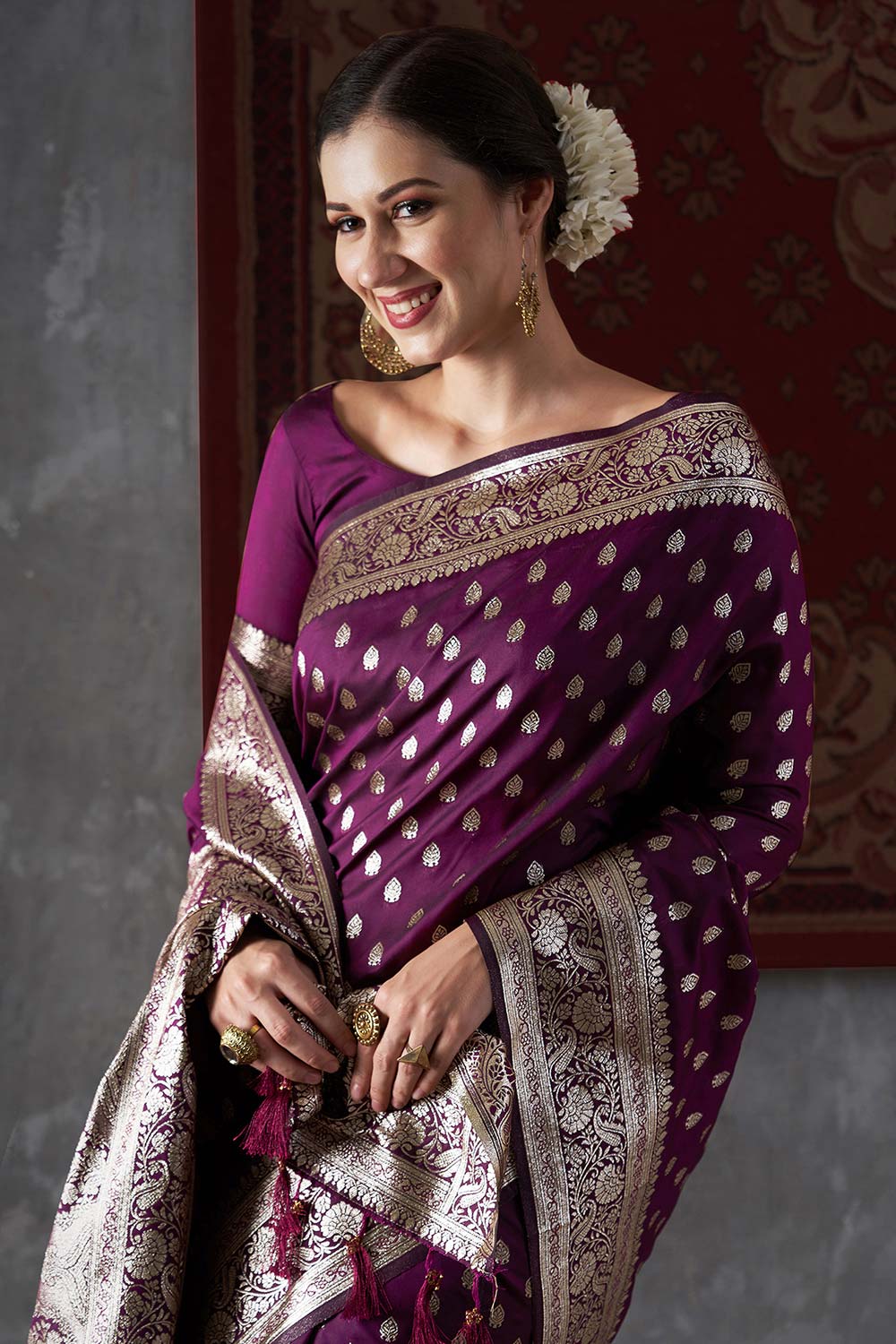 Mitra Violet Silk Printed One Minute Saree