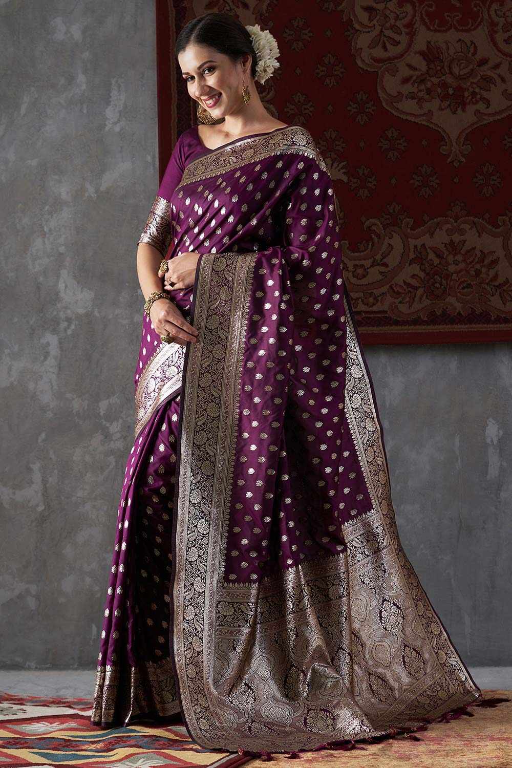 Mitra Violet Silk Printed One Minute Saree