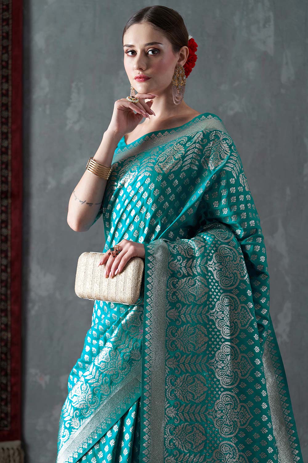 Mahi Turquoise Blue Silk Printed One Minute Saree