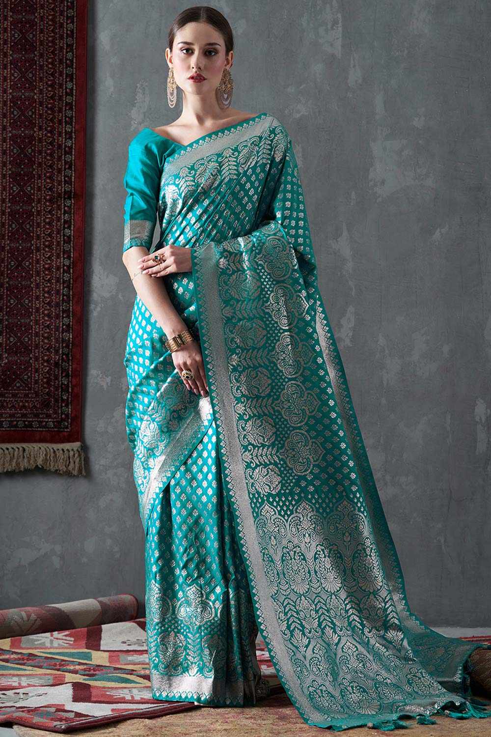 Mahi Turquoise Blue Silk Printed One Minute Saree