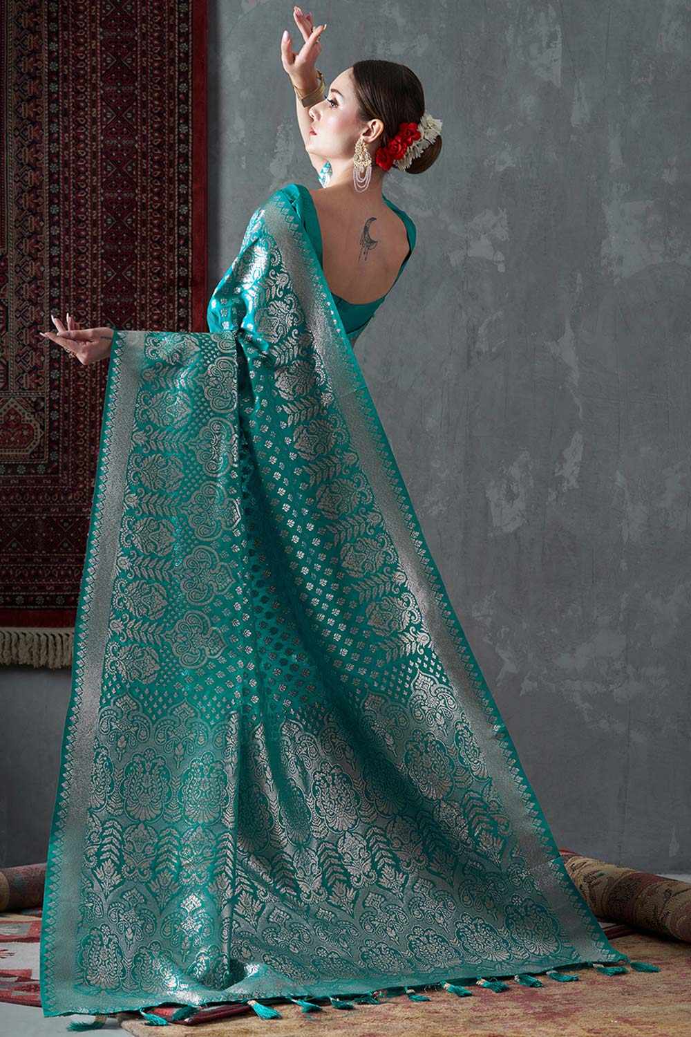 Mahi Turquoise Blue Silk Printed One Minute Saree