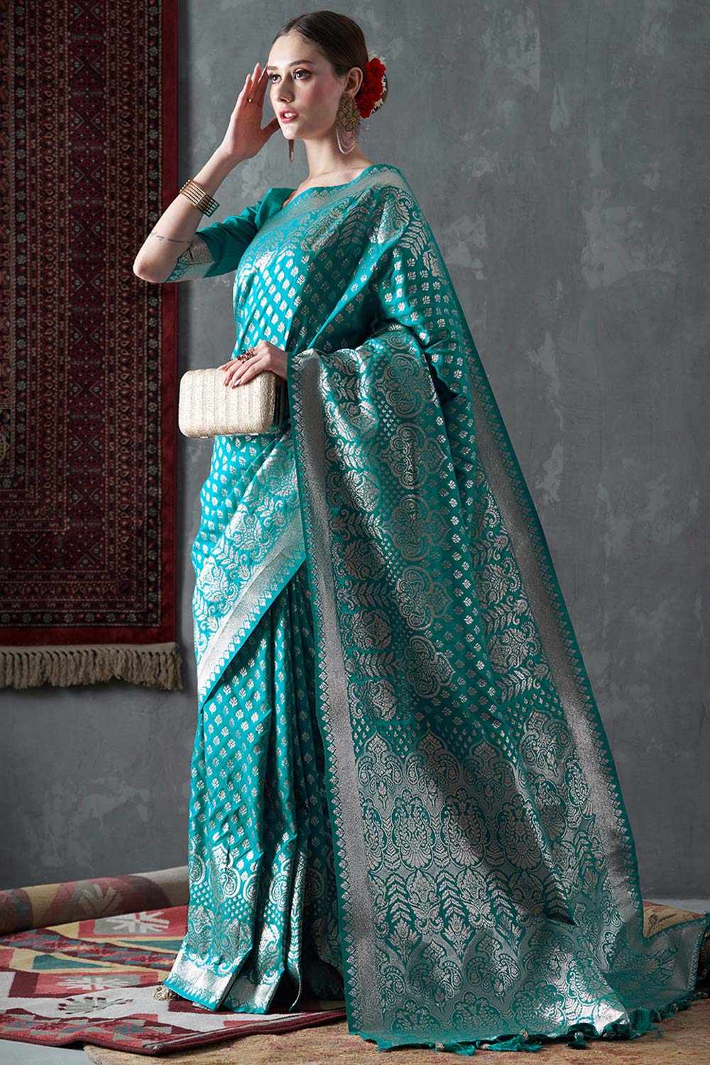 Mahi Turquoise Blue Silk Printed One Minute Saree