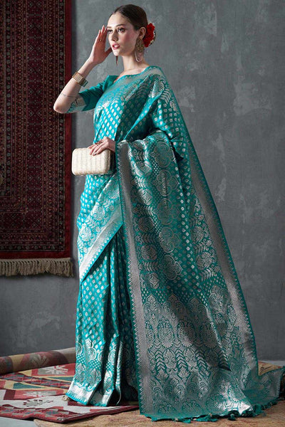 Mahi Turquoise Blue Silk Printed One Minute Saree