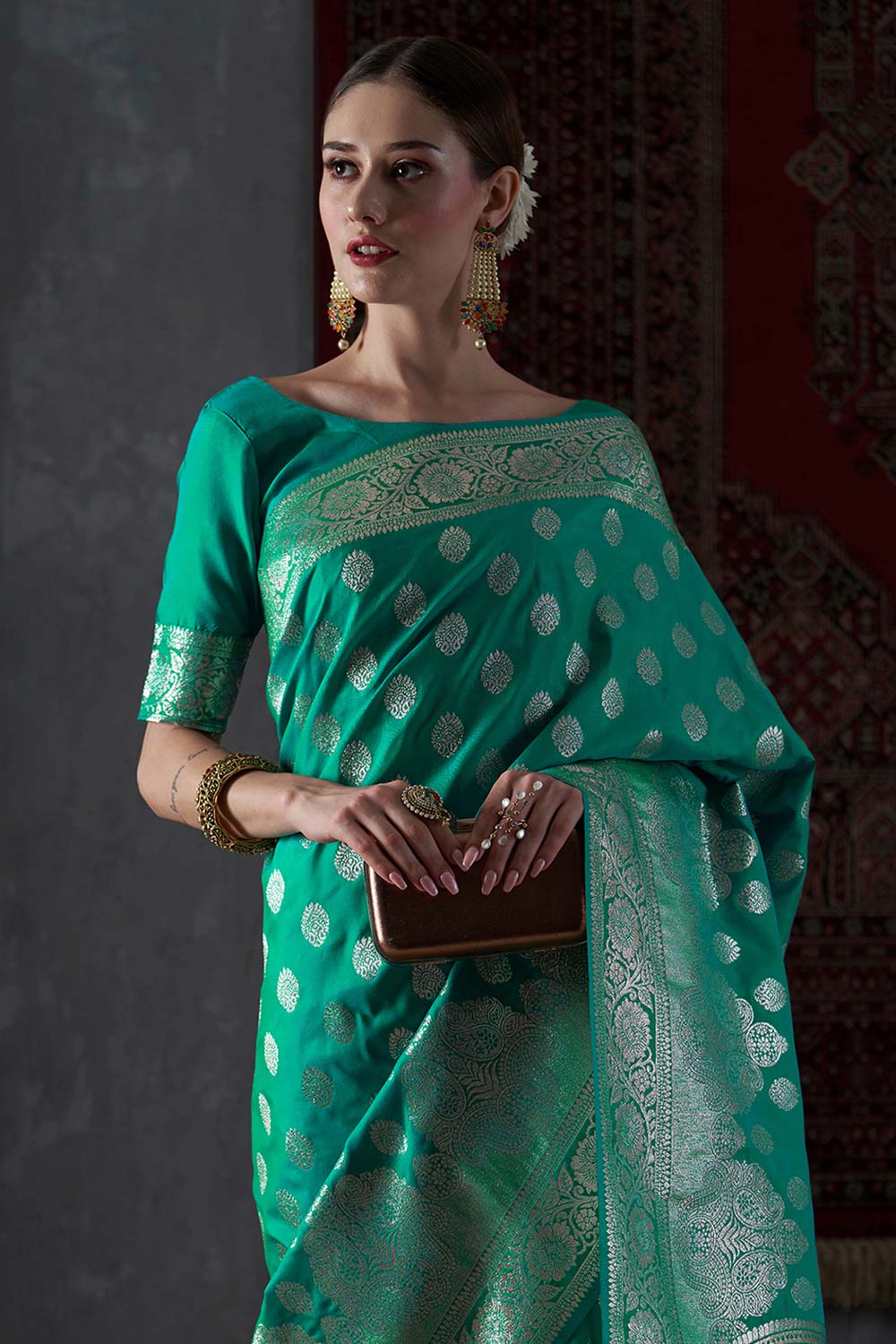 Mahi Turquoise Silk Printed One Minute Saree