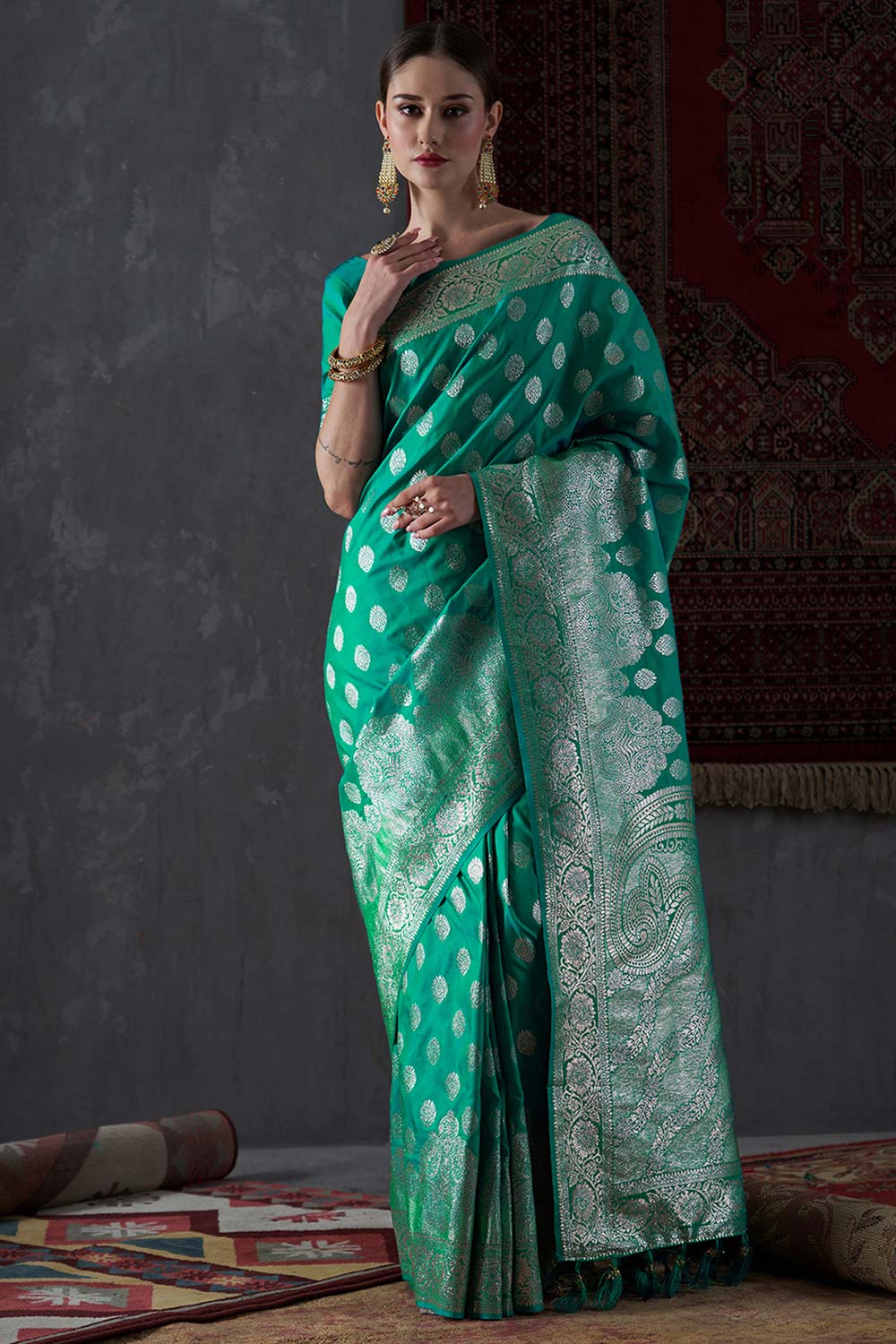 Mahi Turquoise Silk Printed One Minute Saree