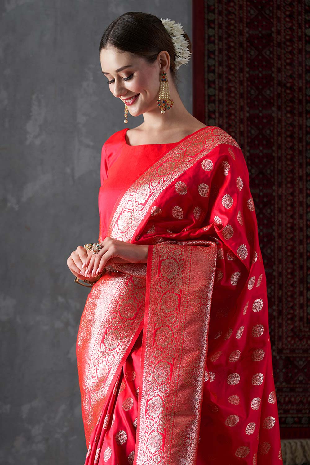 Misha Red Silk Printed One Minute Saree