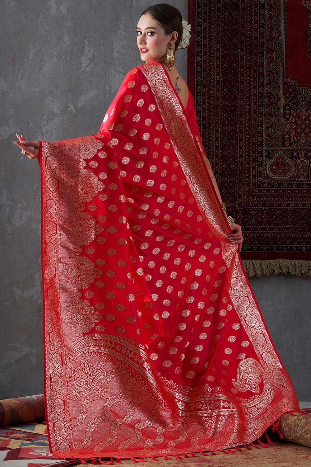 Misha Red Silk Printed One Minute Saree