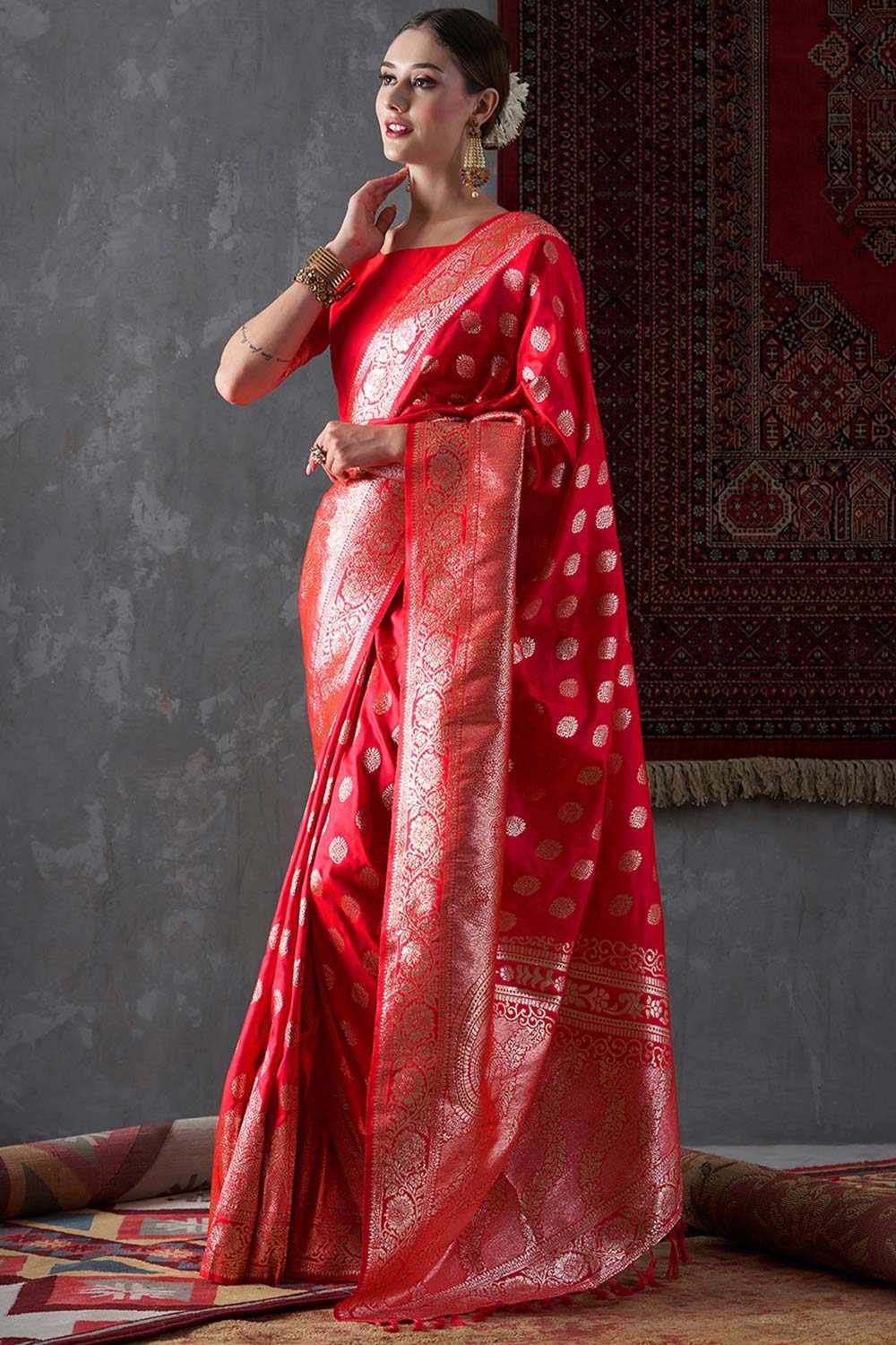 Misha Red Silk Printed One Minute Saree