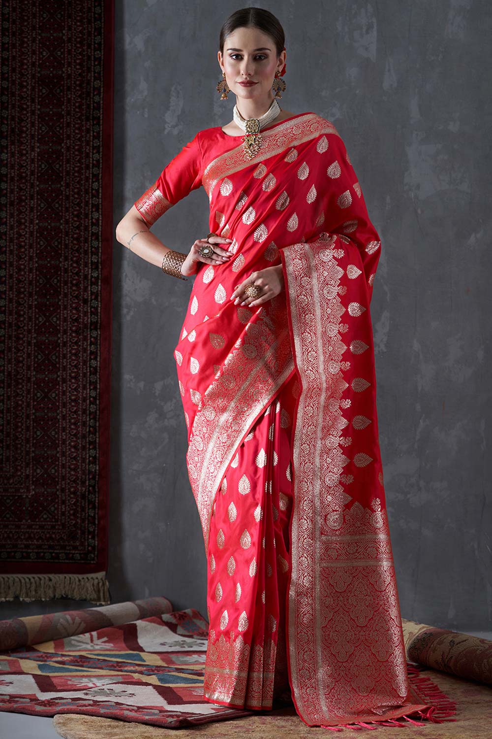 Mahi Red & Gold Silk Printed One Minute Saree