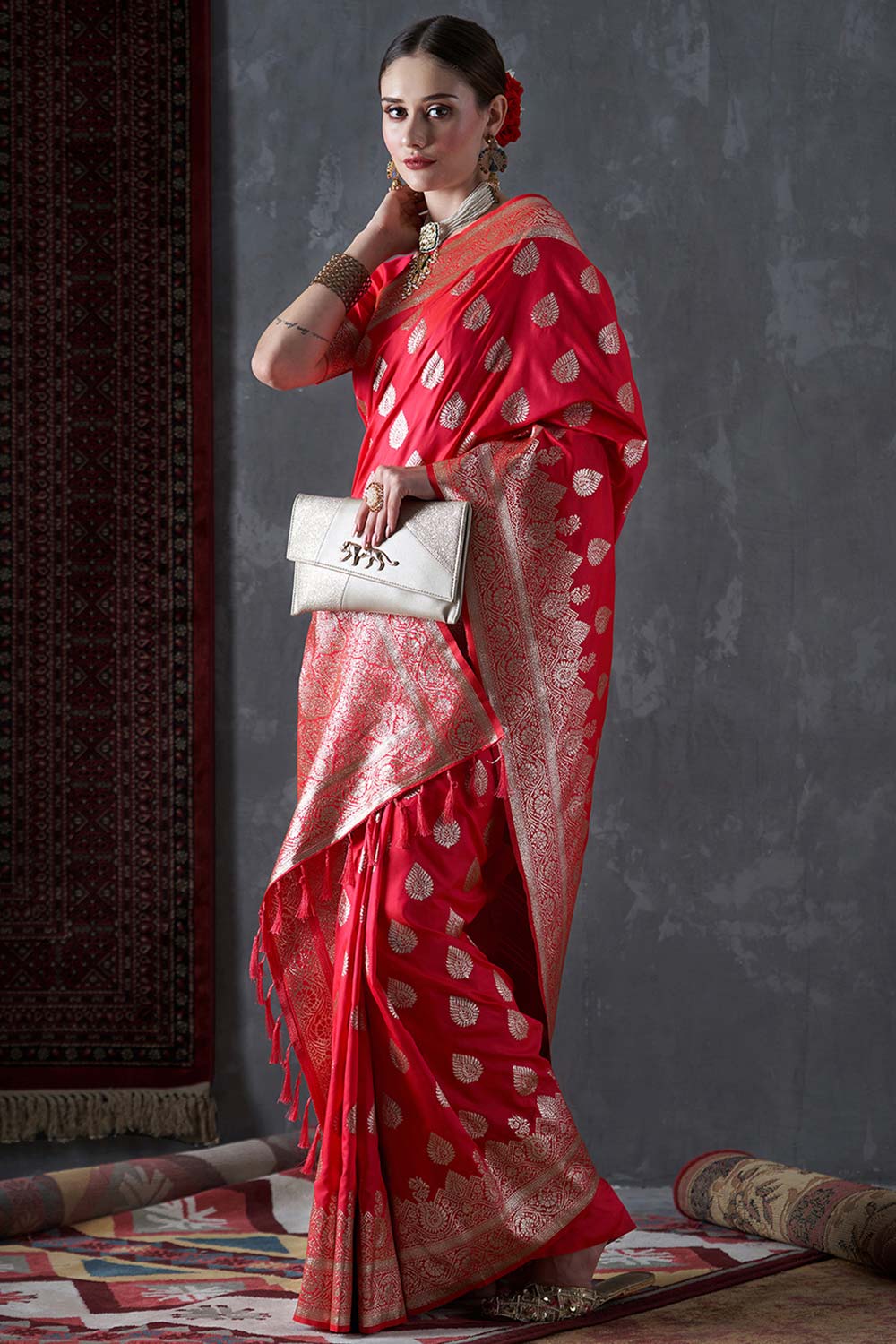 Mahi Red & Gold Silk Printed One Minute Saree