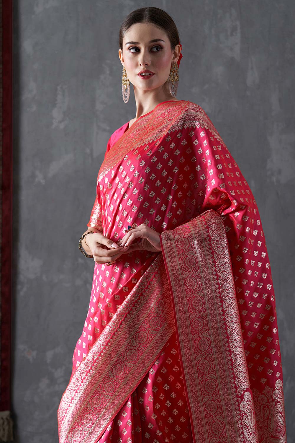 Mahi Pink & Gold Silk Printed One Minute Saree