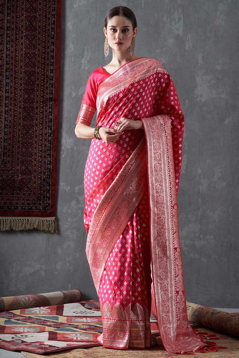 Mahi Pink & Gold Silk Printed One Minute Saree