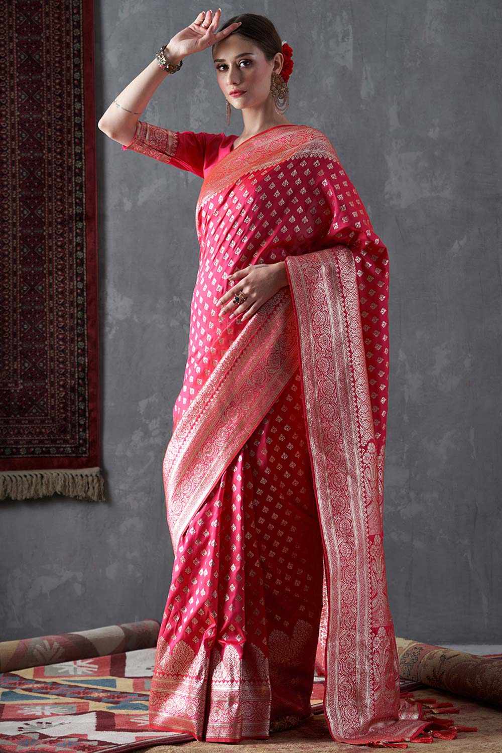 Mahi Pink & Gold Silk Printed One Minute Saree