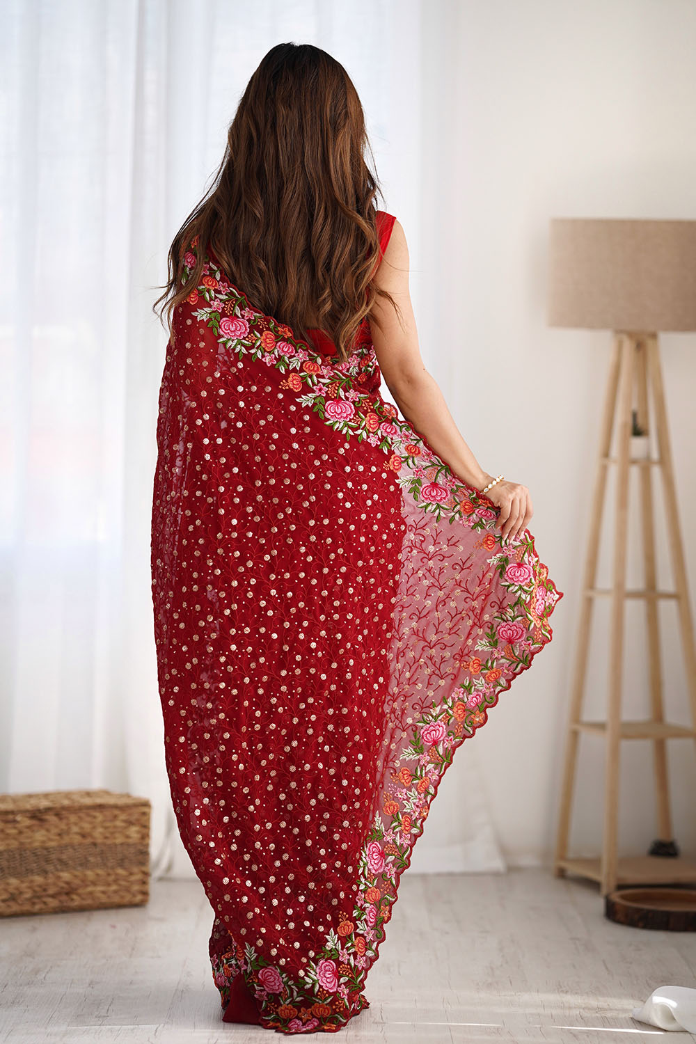 Isabella Red Georgette with Sequins & Floral Work One Minute Saree