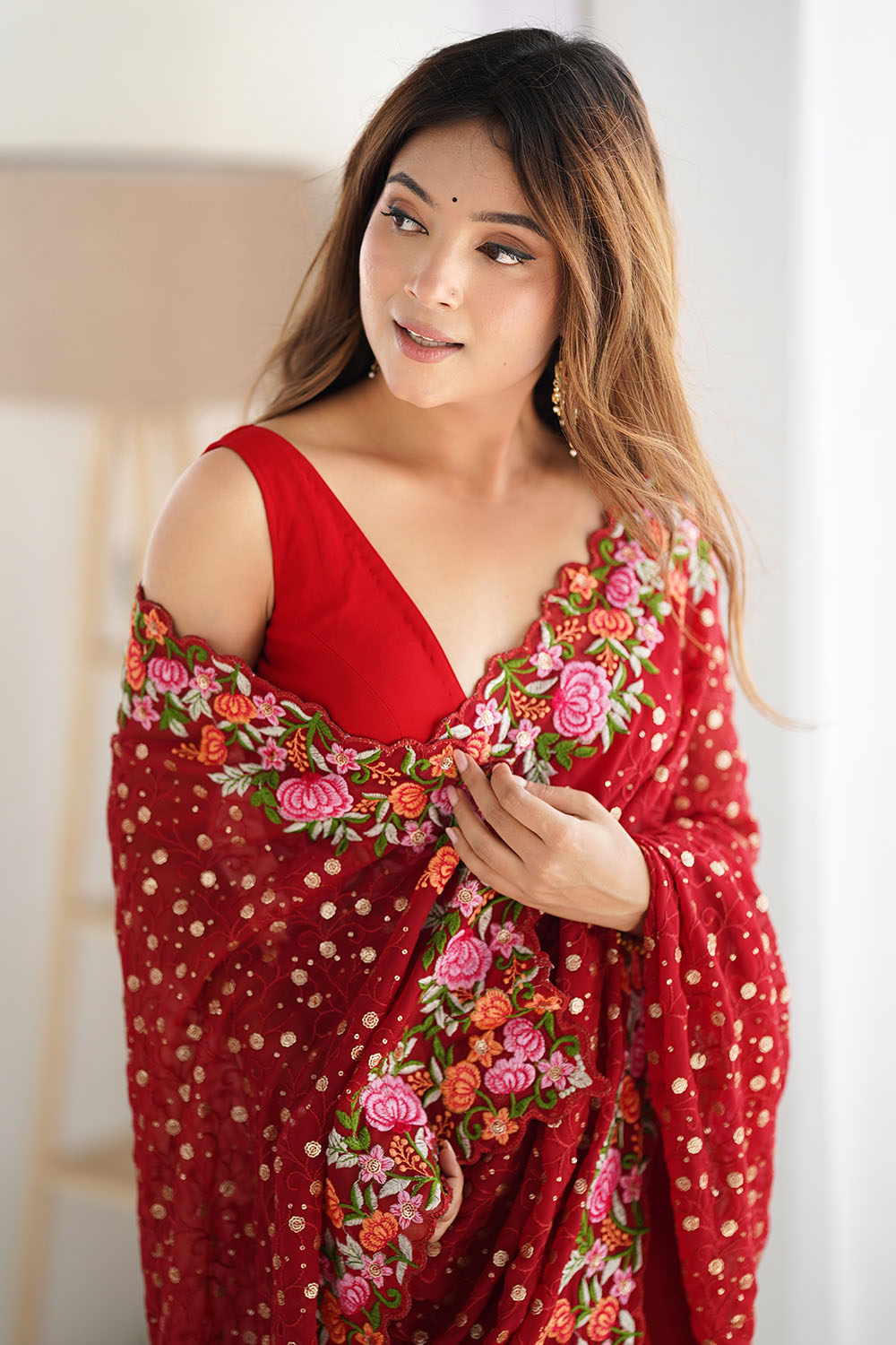 Isabella Red Georgette with Sequins & Floral Work One Minute Saree