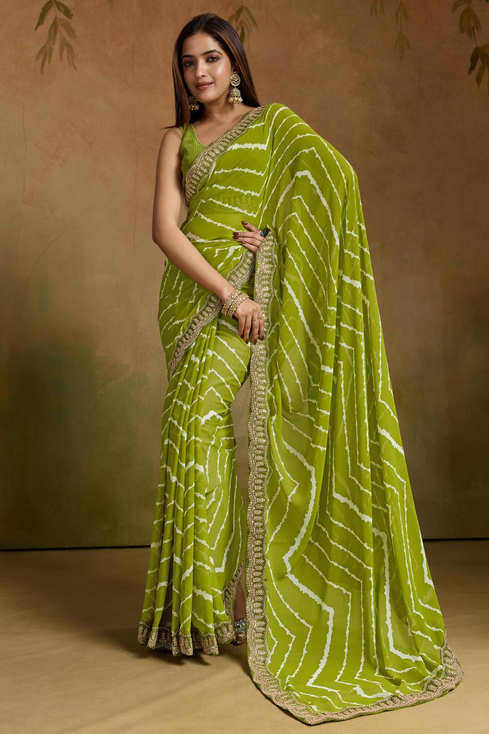 Buy Mayuri Light Green Georgette Striped Ready to Wear One Minute Saree