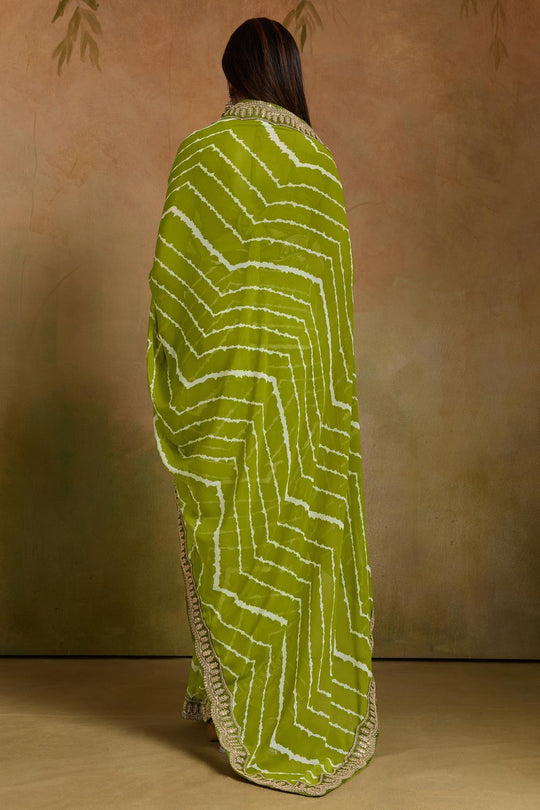 Malina Light Green Georgette Bandhani Striped Ready to Wear One Minute Saree