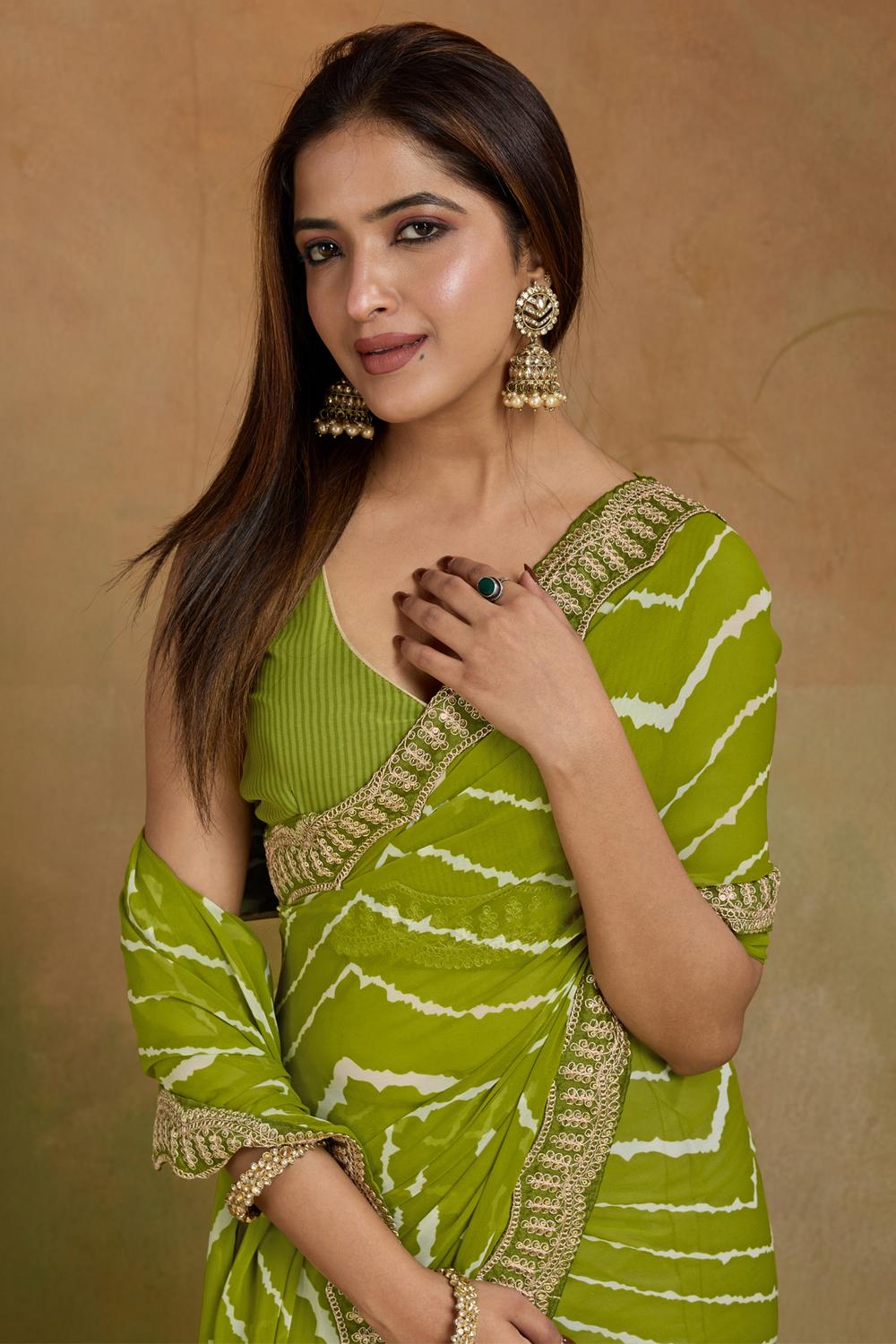 Malina Light Green Georgette Bandhani Striped Ready to Wear One Minute Saree