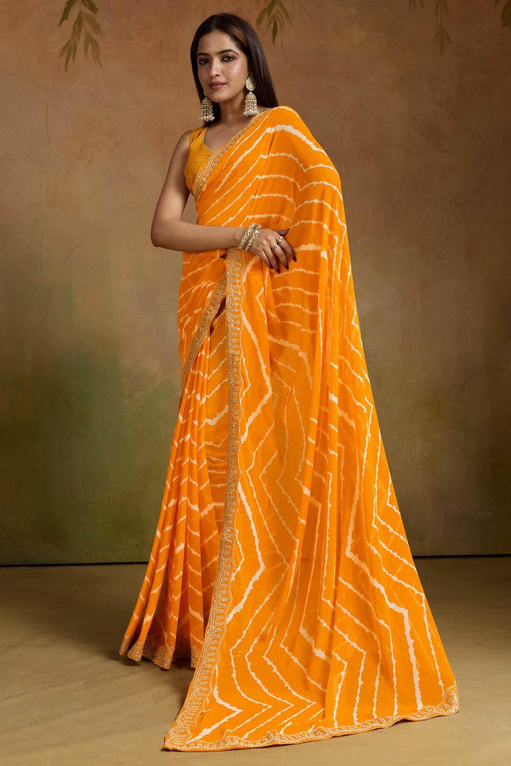 Malina Yellow Georgette Bandhani Striped Ready to Wear One Minute Saree