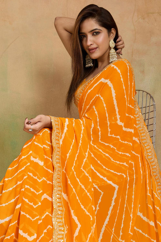 Malina Yellow Georgette Bandhani Striped Ready to Wear One Minute Saree