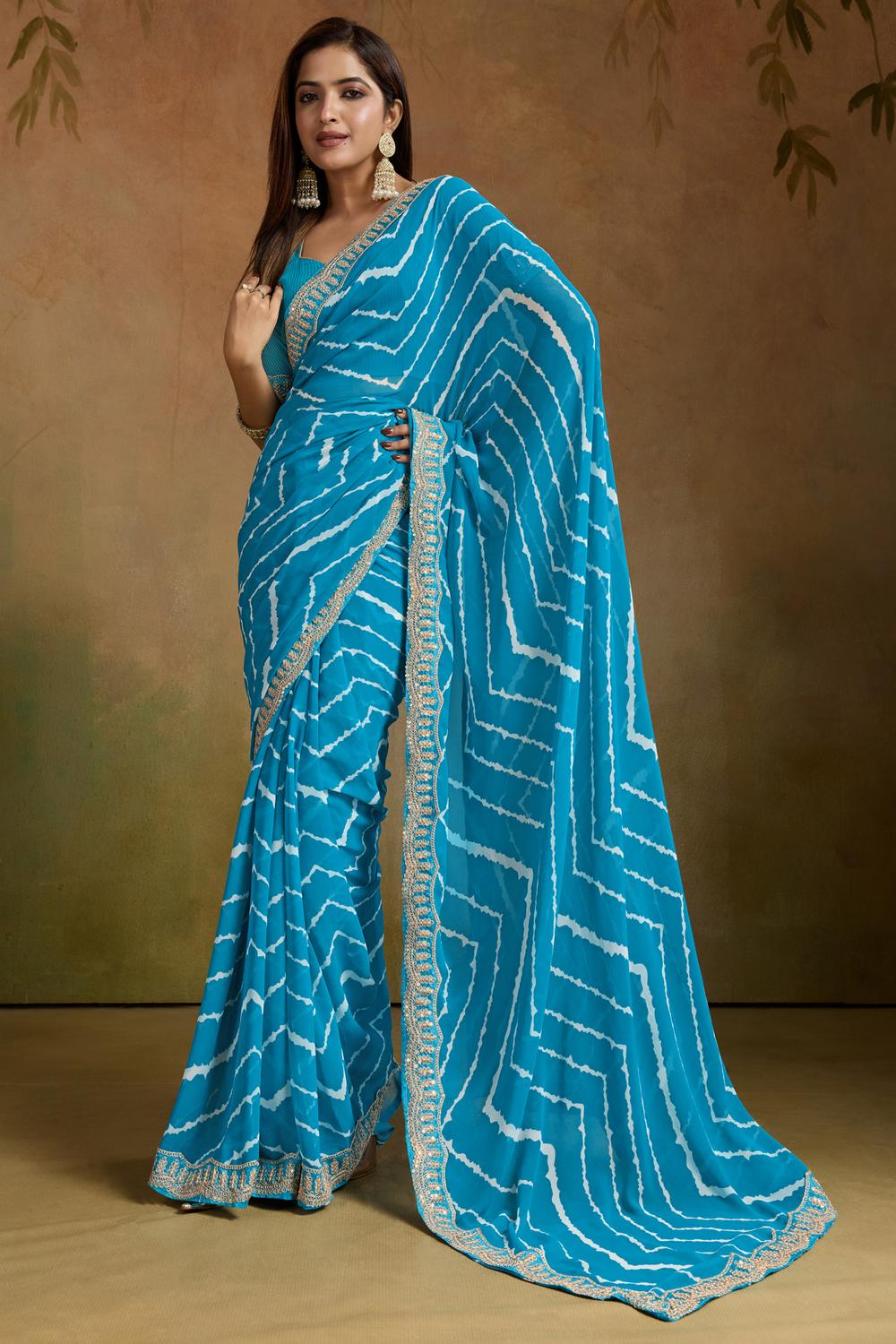 Buy Mayuri Light Blue Georgette Striped Ready to Wear One Minute Saree