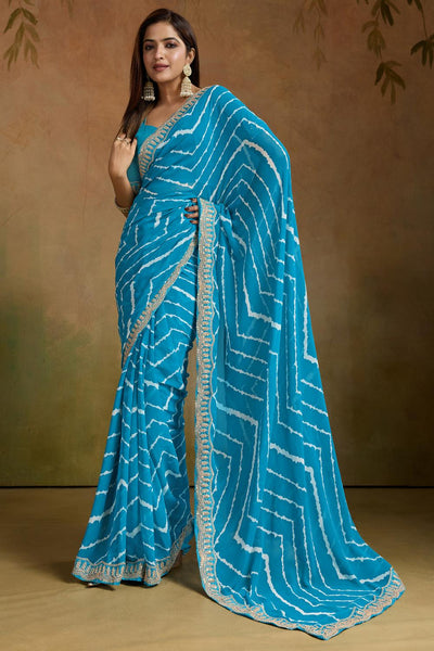 Buy Mayuri Light Blue Georgette Striped Ready to Wear One Minute Saree