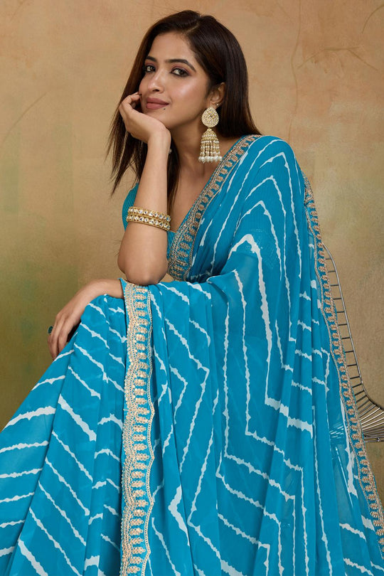 Malina Light Blue Georgette Bandhani Striped Ready to Wear One Minute Saree