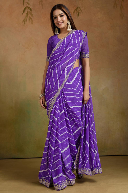 Malina Purple Georgette Bandhani Striped Ready to Wear One Minute Saree