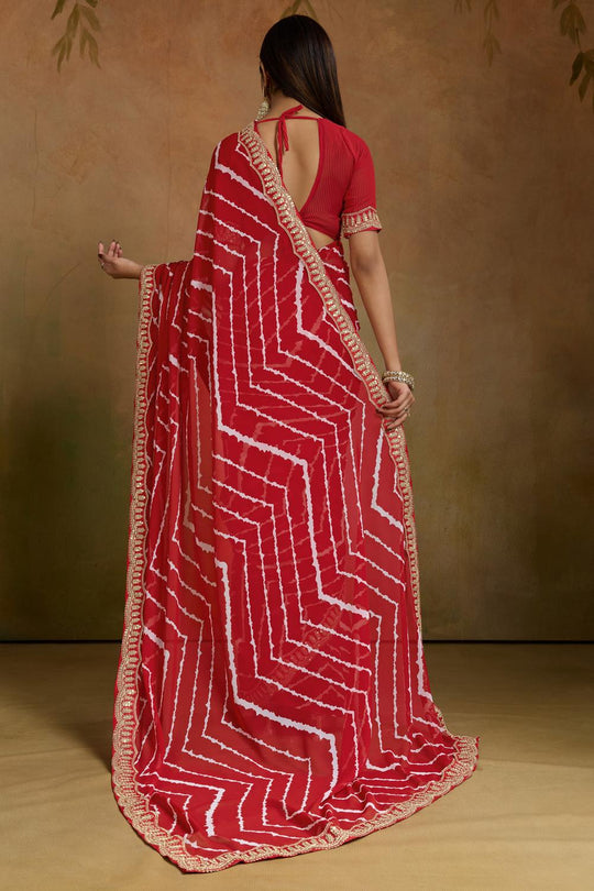 Malina Red Georgette Bandhani Striped Ready to Wear One Minute Saree