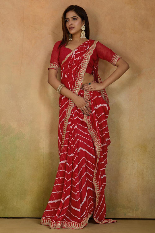 Malina Red Georgette Bandhani Striped Ready to Wear One Minute Saree