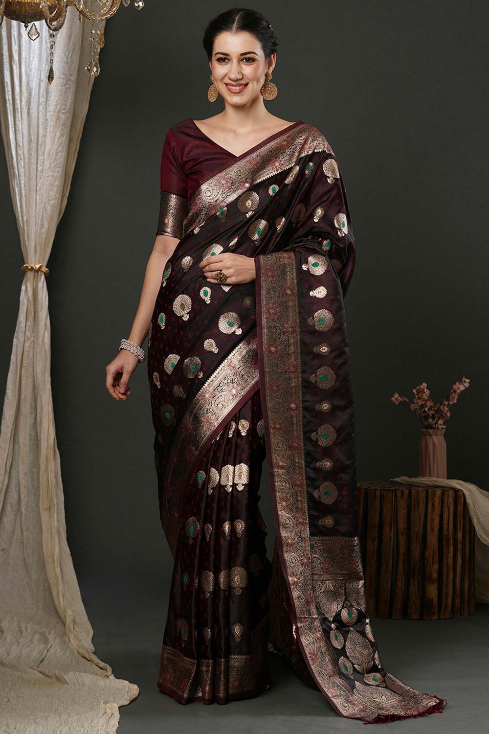 Cheri Brown Silk Printed One Minute Saree