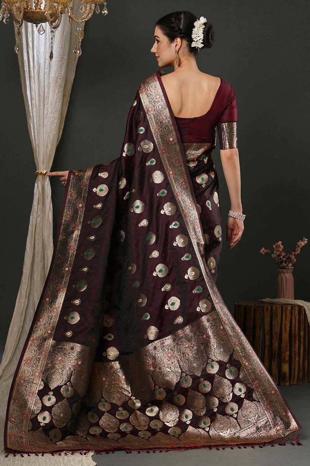 Cheri Brown Silk Printed One Minute Saree