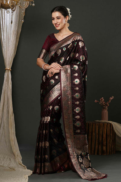 Cheri Brown Silk Printed One Minute Saree