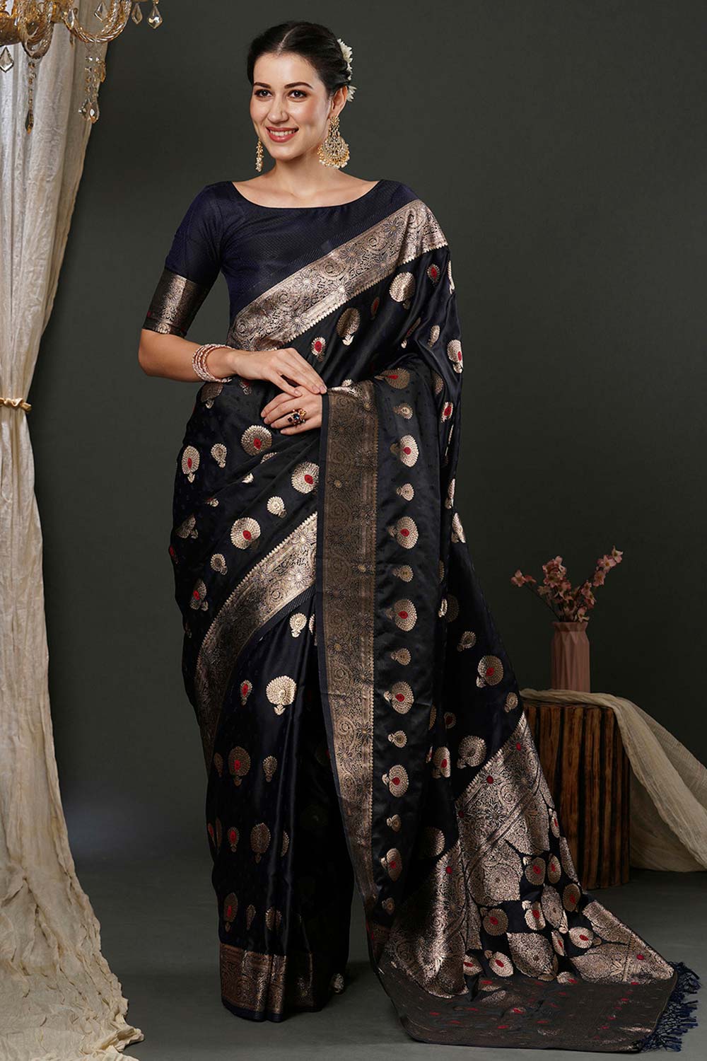 Reshma Dark Blue Silk Printed One Minute Saree