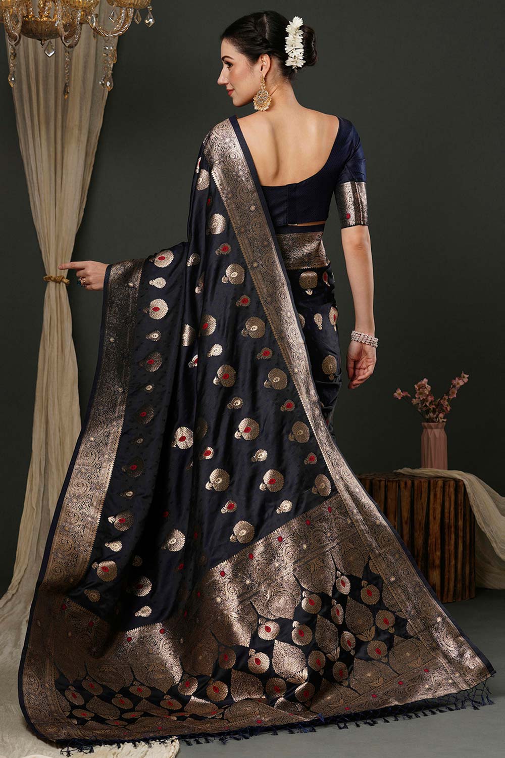 Reshma Dark Blue Silk Printed One Minute Saree