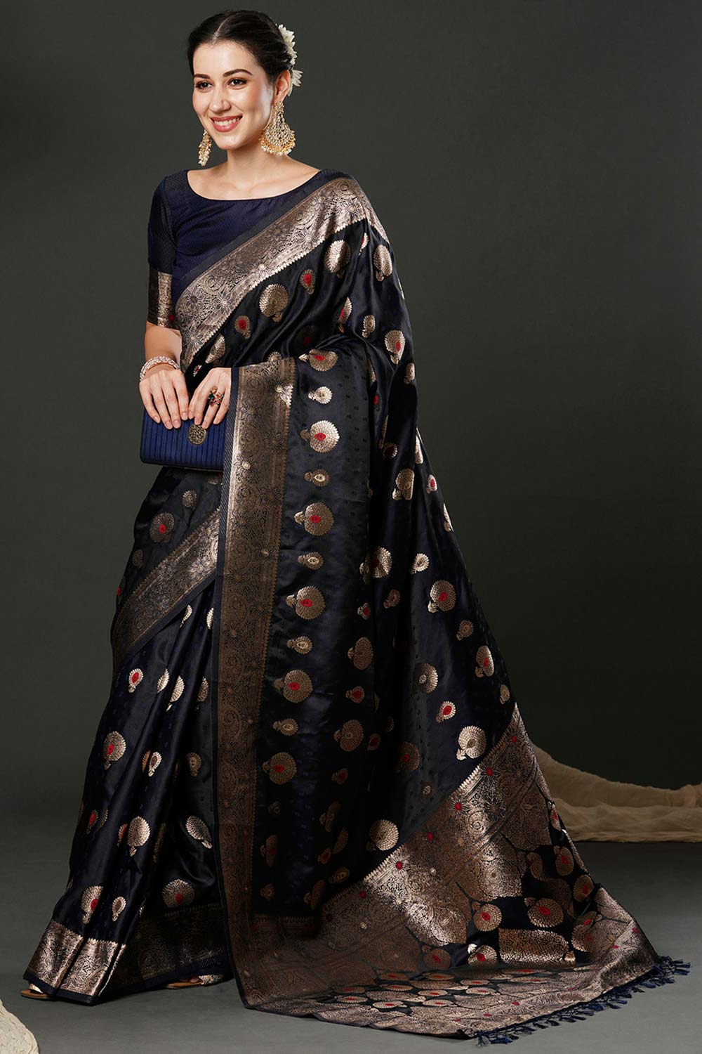 Reshma Dark Blue Silk Printed One Minute Saree