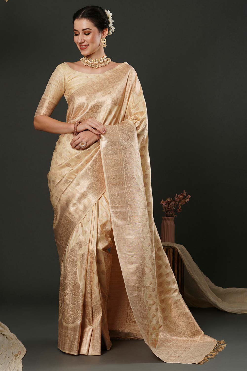 Milan Beige & Gold Silk Printed One Minute Saree