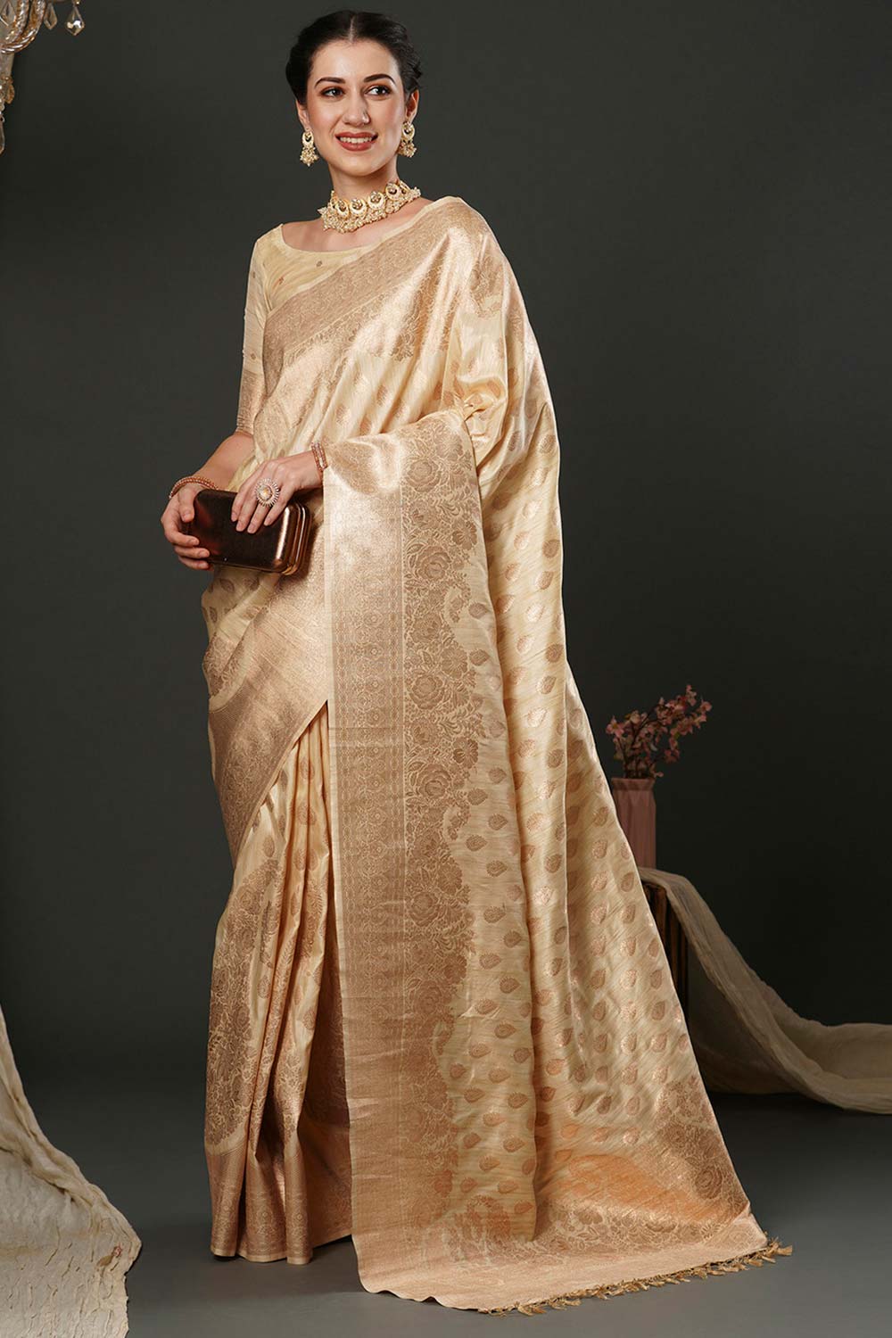 Milan Beige & Gold Silk Printed One Minute Saree