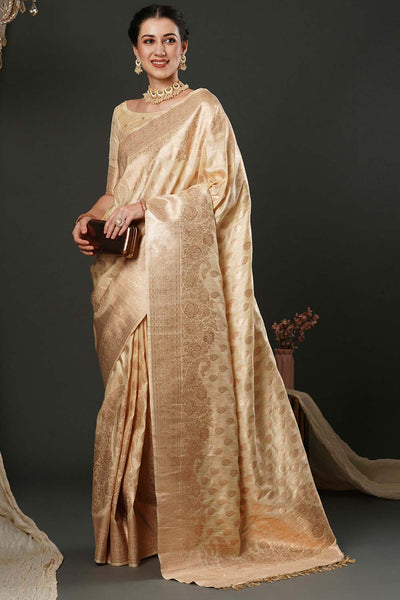 Milan Beige & Gold Silk Printed One Minute Saree