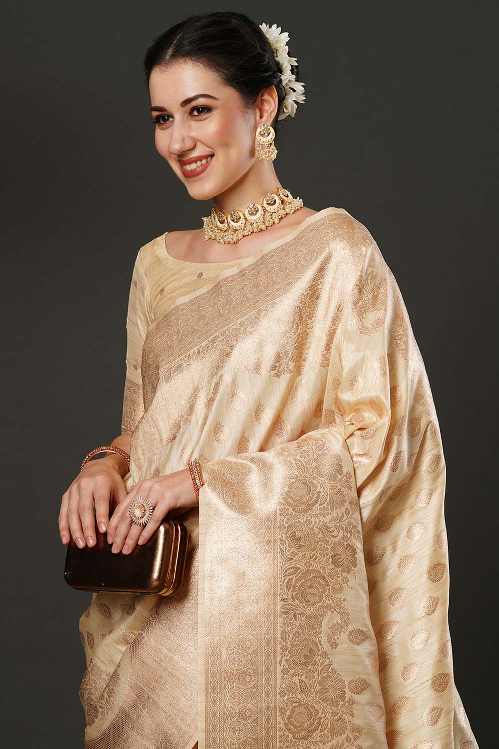 Milan Beige & Gold Silk Printed One Minute Saree