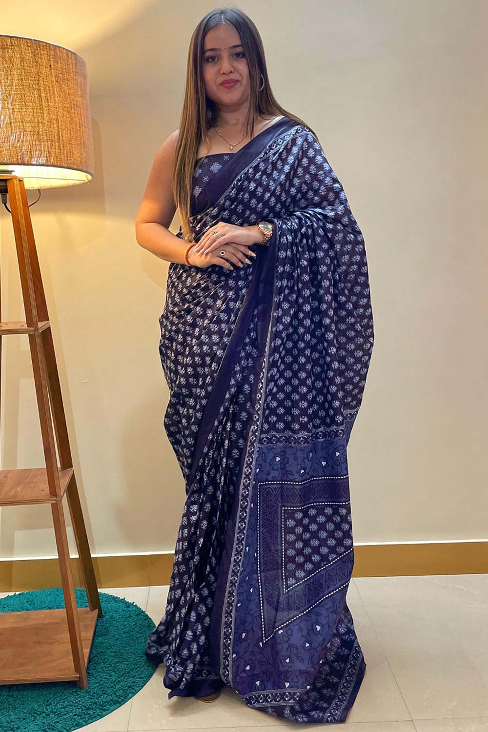 Nora Navy Blue Cotton Printed Designer One Minute Saree