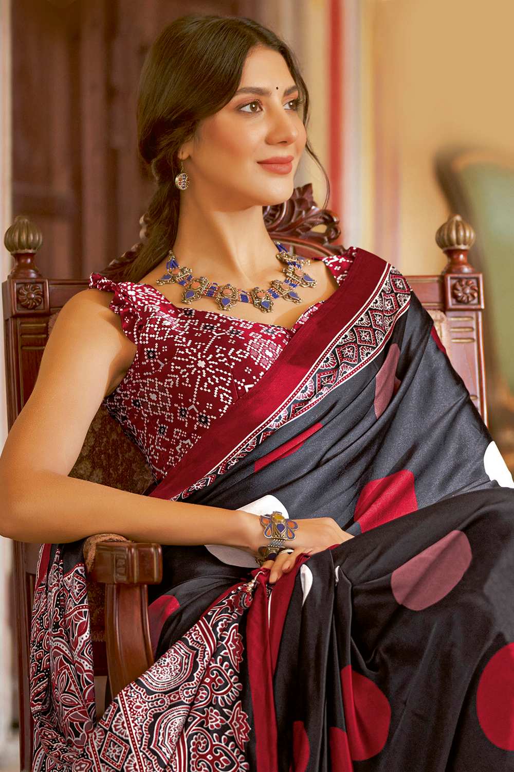 Anu Black Crepe Polka Dots Ready To Wear One Minute Saree