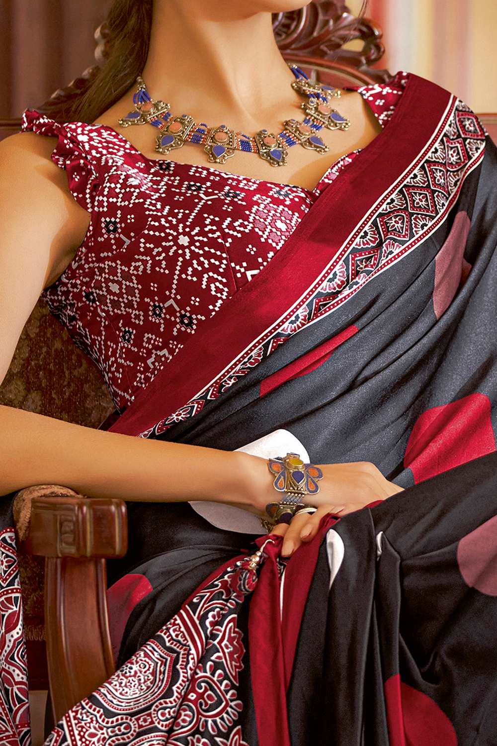 Anu Black Crepe Polka Dots Ready To Wear One Minute Saree