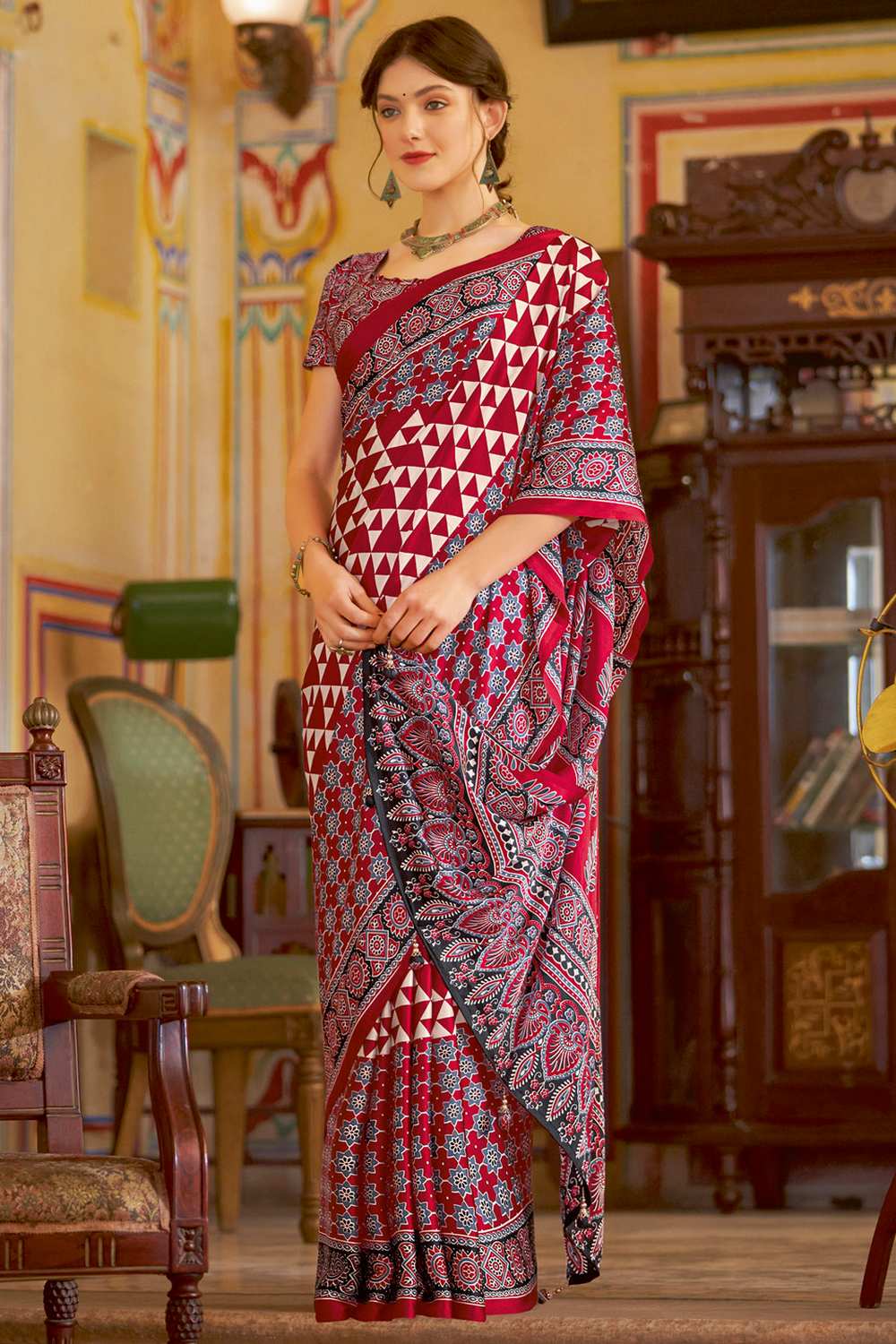 Anu Red Crepe Geometric Printed Ready To Wear One Minute Saree