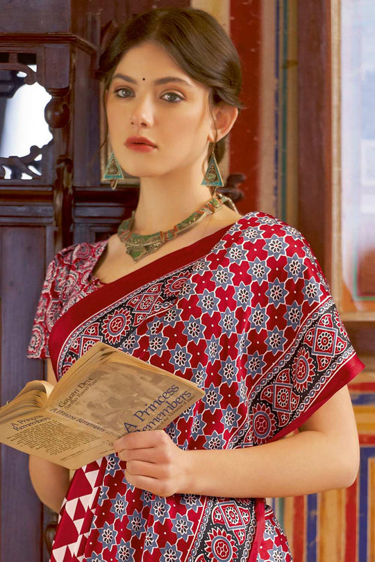 Anu Red Crepe Geometric Printed Ready To Wear One Minute Saree
