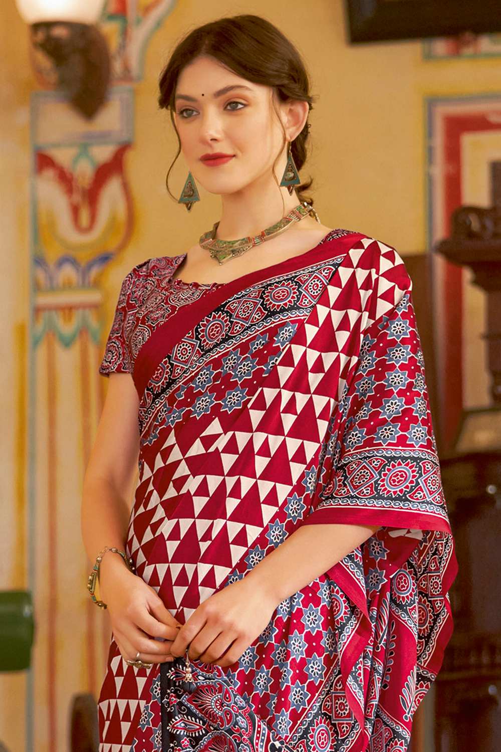 Anu Red Crepe Geometric Printed Ready To Wear One Minute Saree