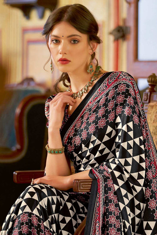Anu Black Crepe Geometric Printed Ready To Wear One Minute Saree