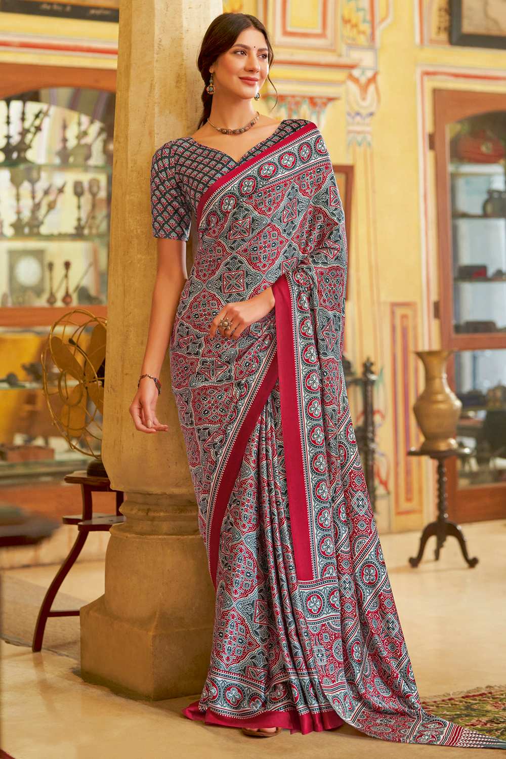 Anu Grey Crepe Ajrakh Ready To Wear One Minute Saree